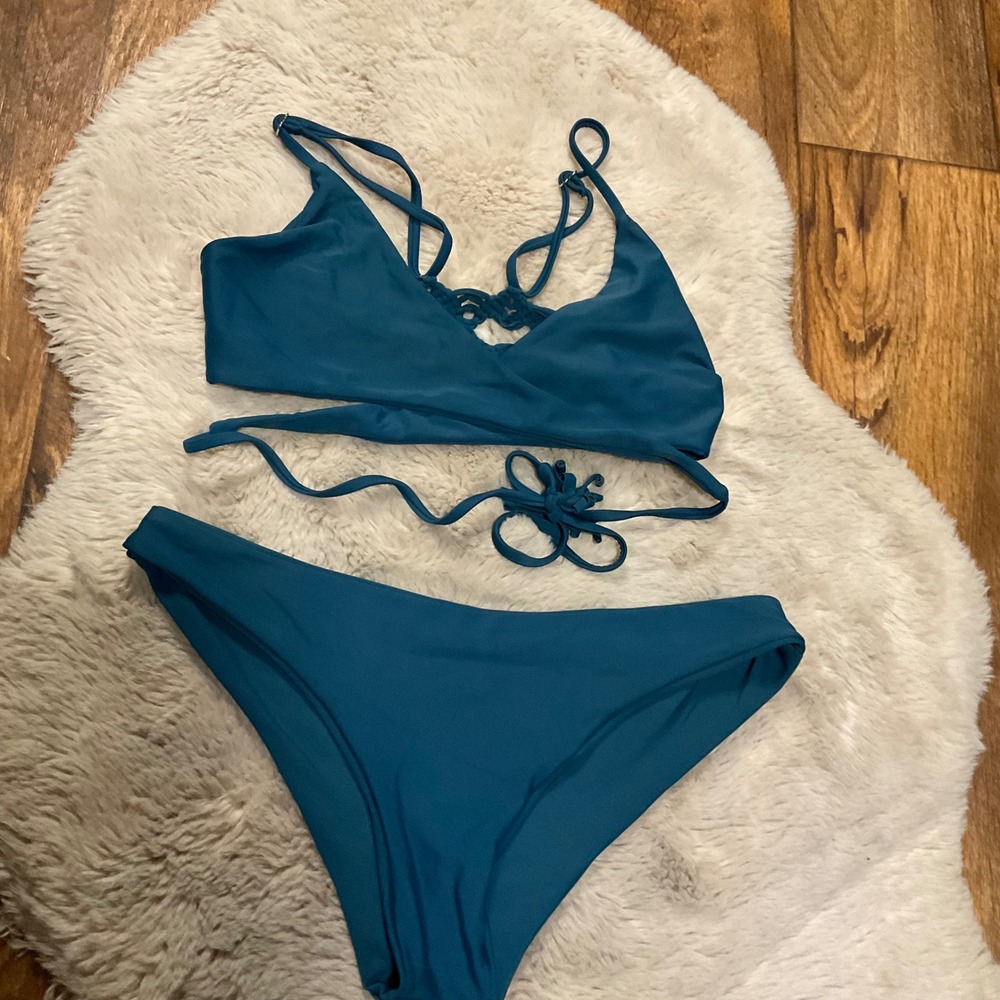 Bikini Size‎ Large Wrap Top Blue Woven Back Womens